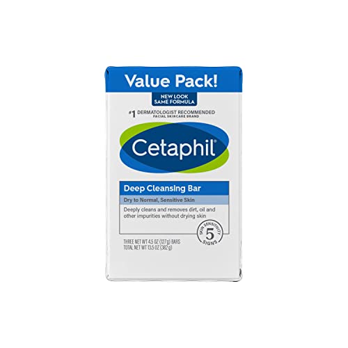 Cetaphil Bar Soap, Deep Cleansing Face and Body Bar, Pack of 3, For Dry to Normal, Sensitive Skin, Soap Free, Hypoallergenic, Paraben Free, Fragrance Free, Removes Makeup, Dirt and Oil