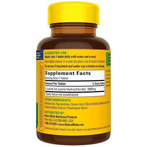 Nature Made Extra Strength L-Lysine 1000 mg Tablets, 60 Count for Protein Synthesis