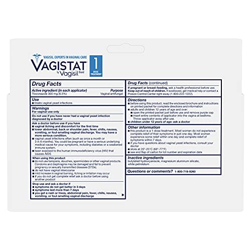 Vagistat 1 Day Single-Dose Yeast Infection Treatment for Women, Antifungal Ointment Helps Relieve External Itching and Irritation, 1 Pre-Filled No Touch Vaginal Applicator, by Vagisil